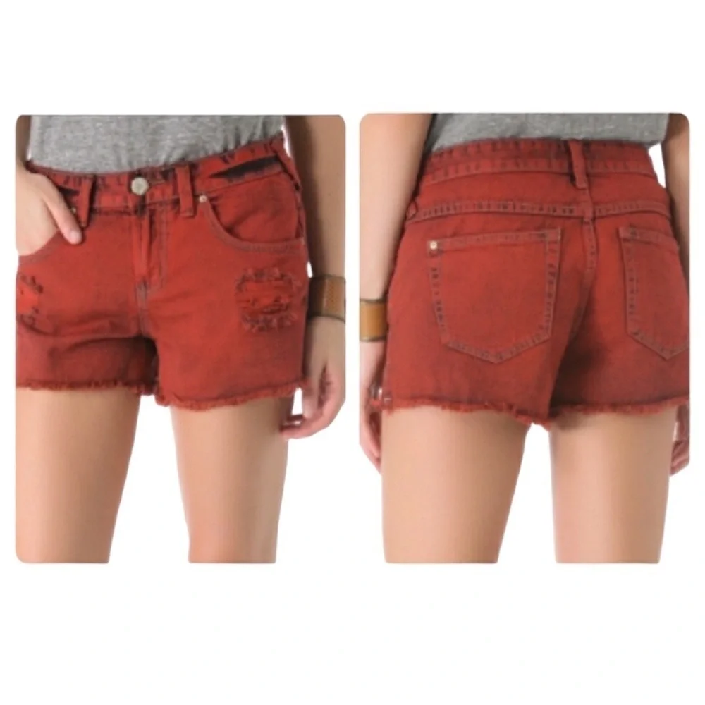 FREE PEOPLE Overdyed Distressed Jean Shorts w/ Raw Hem in Sunrise Red Size 26 - Picture 1 of 9